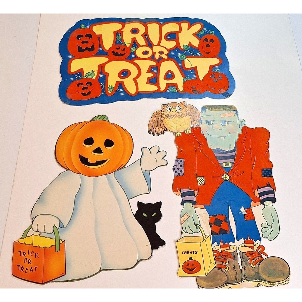 Vintage AGC Halloween Die Cut Flocked Frankenstein Pumpkin Ghost Decor Set